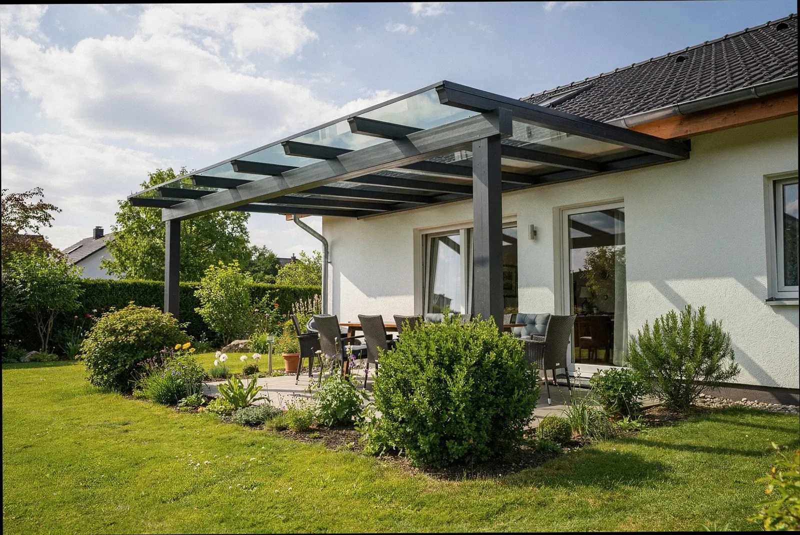 Lamellendach mit Funksteuerung über einer Terrasse in Leverkusen