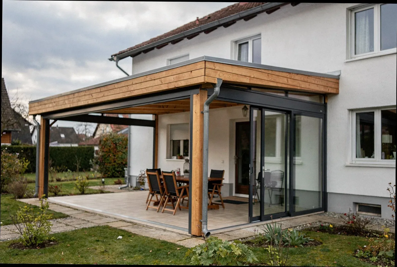 Terrassendach mit Glaswand an einem Hanghaus in Overath